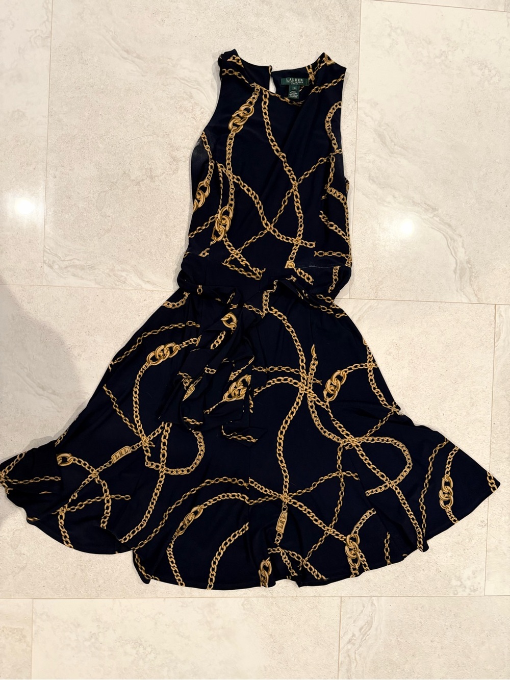 Ralph Lauren Navy Dress with Gold Chain Print